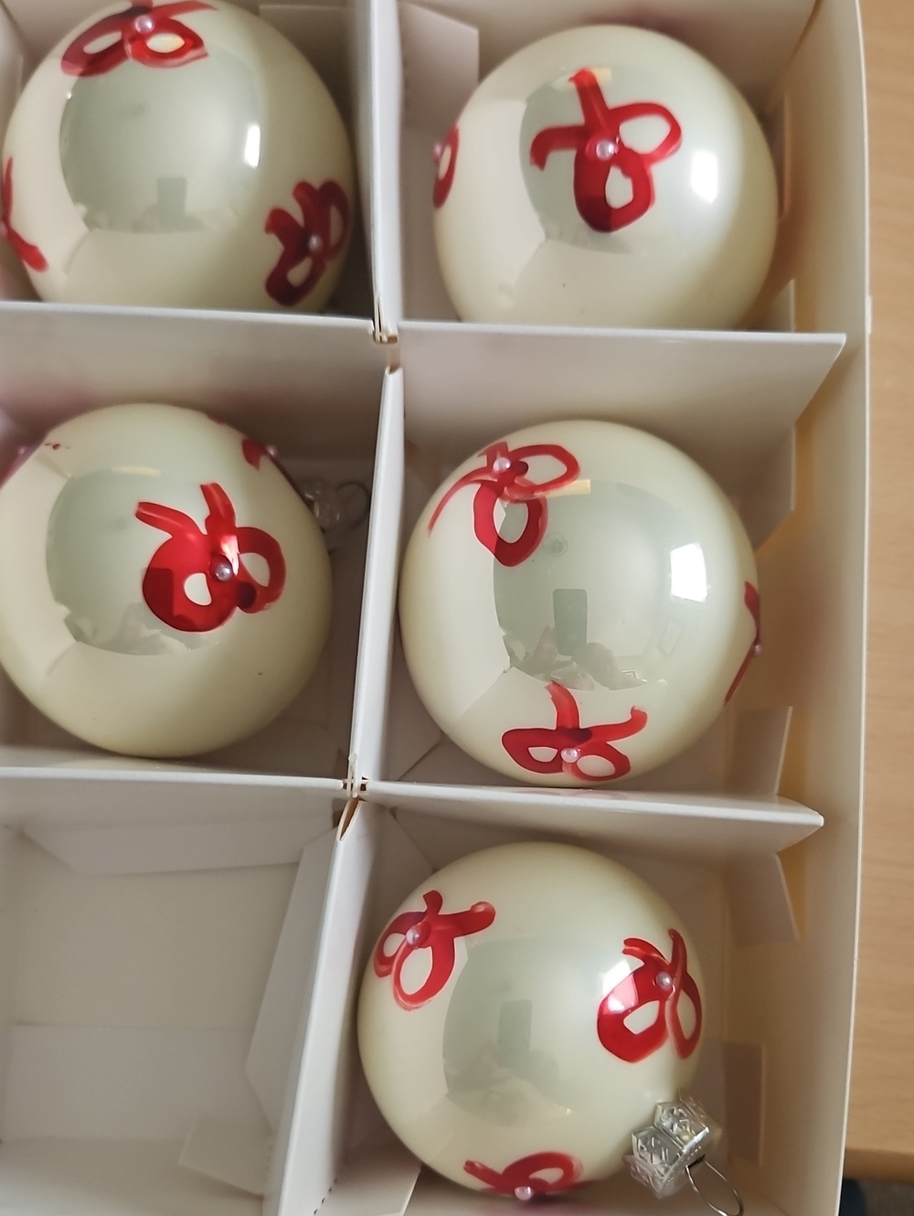 Classic Cream Glass Holiday Ornaments with Red Bow Accents - 5 Pack Hand Blown